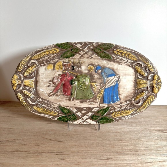 Ceramic Serving Bread Plate The Gleaners by Millet Women Gathering Wheat 11" L - Picture 1 of 9